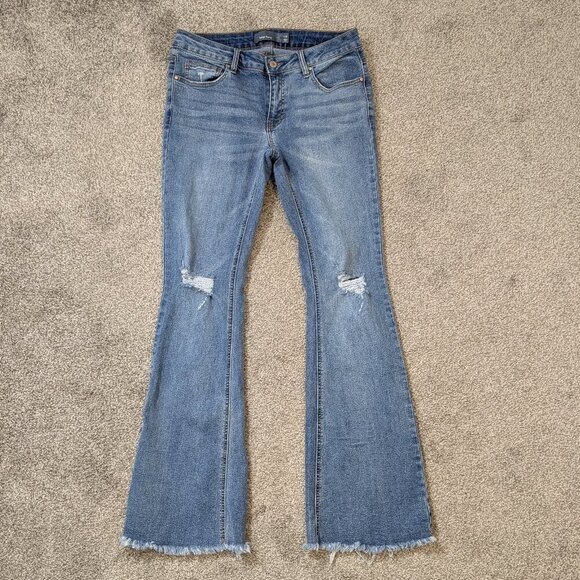 INDIGO RISING Blue Denim Low-Rise Distressed Flare Jeans; Size 7/28 - Picture 1 of 4